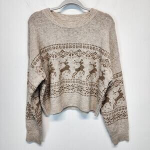 Altar'd State Elizabeth Knit Sweater Size XL Deer Print Cropped Relaxed Fit Fall